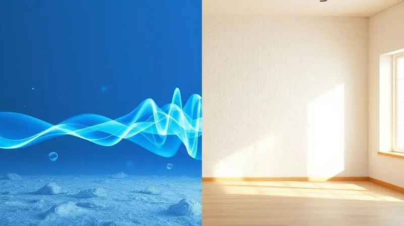 Conceito visual de isolamento térmico e acústico, mostrando ondas de som e frio sendo bloqueadas por uma barreira de espuma expansiva curada.