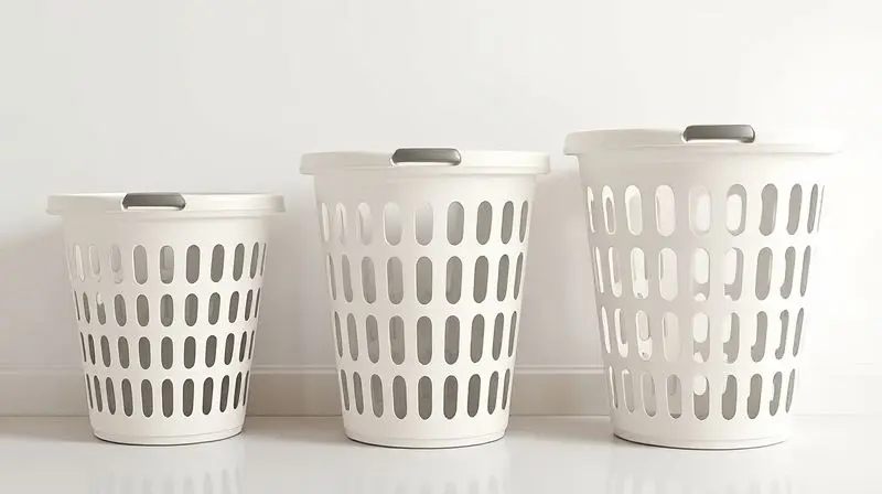 Três cestos de roupa de tamanhos diferentes, pequeno, médio e grande, alinhados para ilustrar a variação de capacidade e auxiliar na escolha.