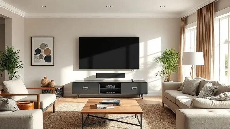 Exemplo de um rack para sala com tamanho proporcional à TV e ao ambiente, demonstrando a importância de acertar nas dimensões do móvel.