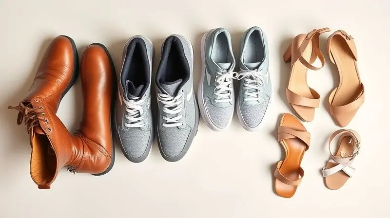 Uma coleção variada de sapatos, incluindo botas, tênis e saltos altos, arrumados no chão, ilustrando a necessidade de um organizador adequado.