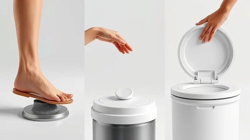Comparativo dos tipos de abertura de lixeira: pedal, sensor de movimento e tampa basculante, ajudando na escolha do modelo ideal.