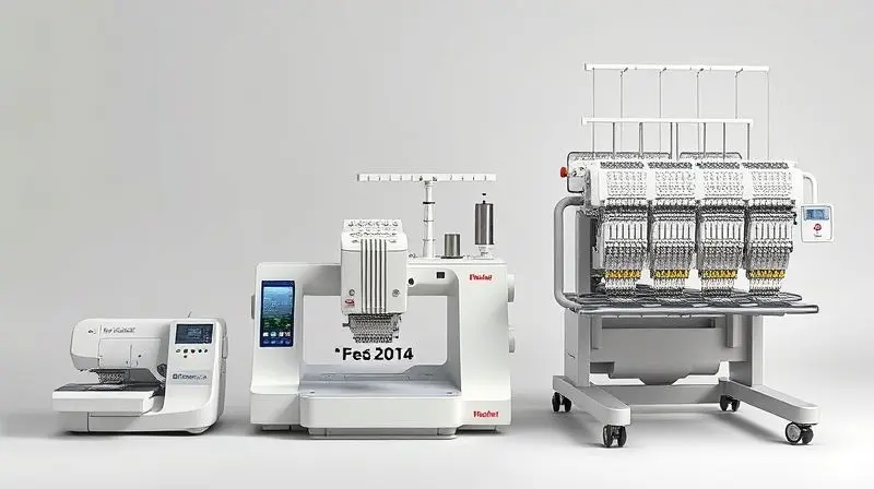 Comparativo visual entre uma máquina de bordar doméstica, uma profissional e uma industrial, mostrando as diferenças de tamanho e complexidade.