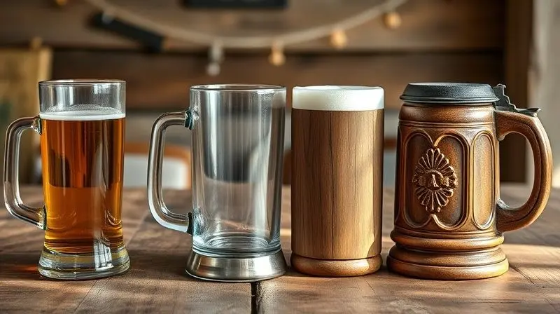 Diversas canecas de chopp em materiais diferentes, incluindo vidro, inox e madeira, sobre uma mesa para ilustrar a escolha do melhor material.