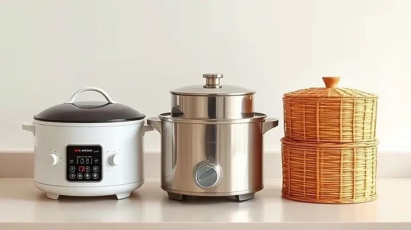 Comparativo visual de três tipos de panelas a vapor: um modelo elétrico digital, uma de inox para fogão e um cesto de bambu tradicional.