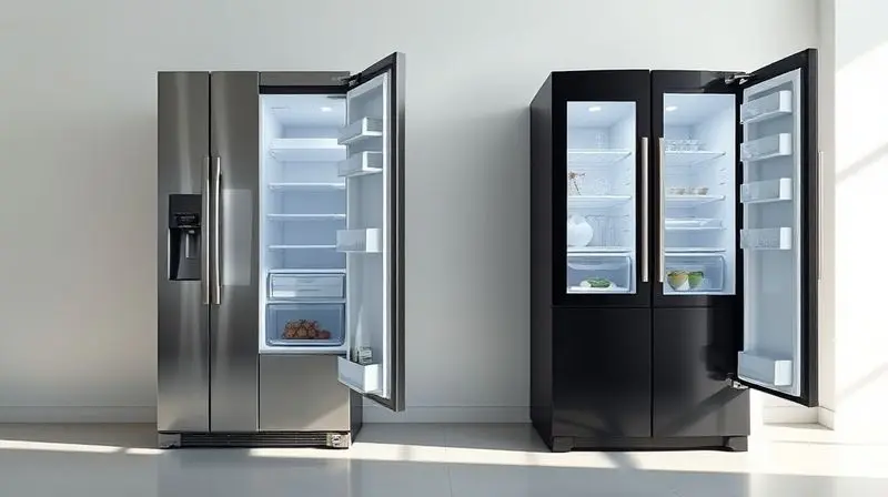 Comparativo visual entre um modelo de geladeira Side by Side e um French Door, mostrando a diferença no design e abertura das portas.