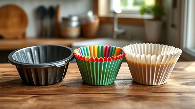 Comparativo de materiais para formas de cupcake: um molde de metal, uma forminha de silicone colorida e uma de papel sobre uma bancada.