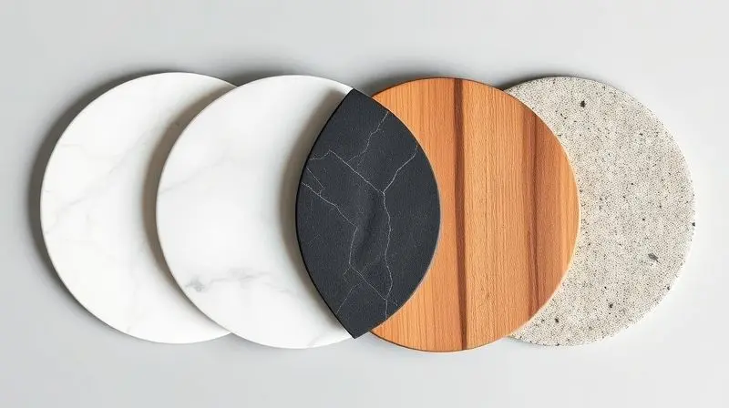 Comparativo visual de porta-copos de diferentes materiais, incluindo mármore, madeira, ardósia e cerâmica, dispostos lado a lado em fundo neutro.