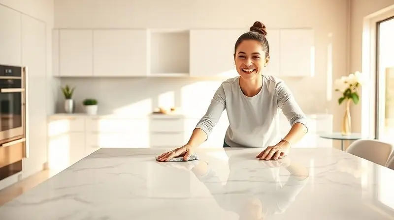 Pessoa usando um limpador multiuso para limpar uma bancada de cozinha, deixando o ambiente brilhando.