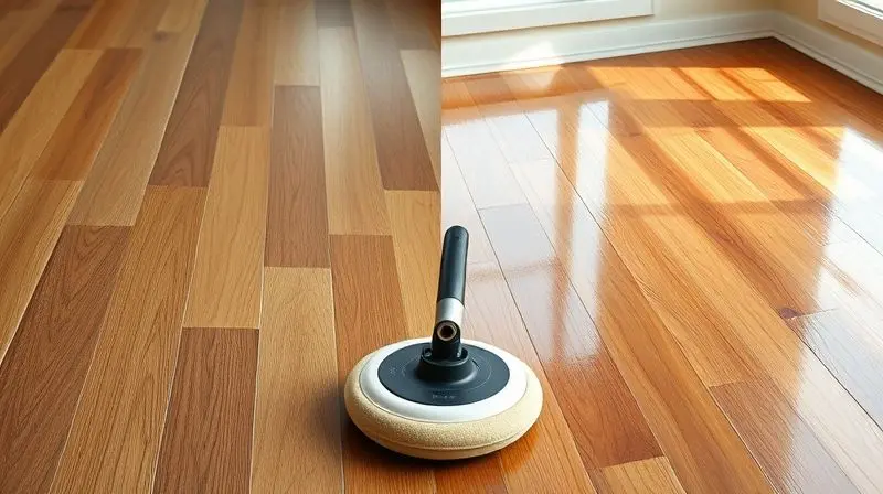Imagem comparativa de um piso, metade fosco e metade brilhante, ilustrando a principal vantagem de se usar uma enceradeira.
