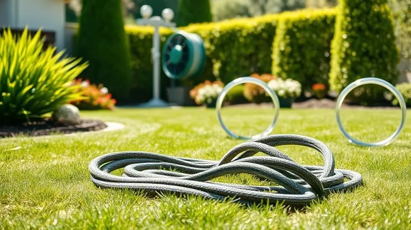 Jardim organizado com um enrolador de mangueira na parede ao fundo, contrastando com uma mangueira bagunçada no chão em primeiro plano.
