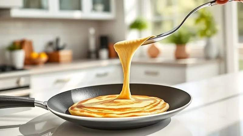 Panqueca dourada deslizando facilmente de uma frigideira antiaderente para um prato, demonstrando a vantagem de cozinhar sem grudar.