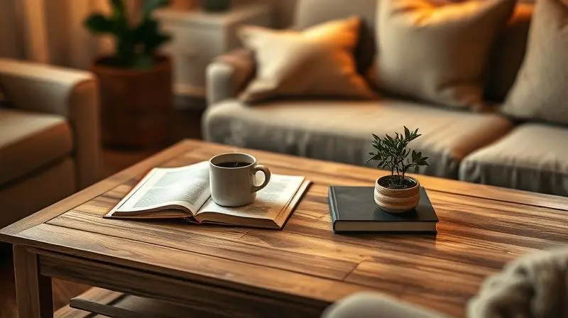 Mesa de centro decorada com um livro, uma xícara de café e uma planta, demonstrando as vantagens e a funcionalidade do móvel em uma sala de estar.