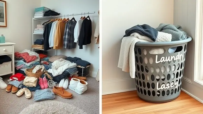 Antes e depois de um quarto desorganizado com roupas no chão e o mesmo quarto organizado com um cesto, mostrando as vantagens de seu uso.