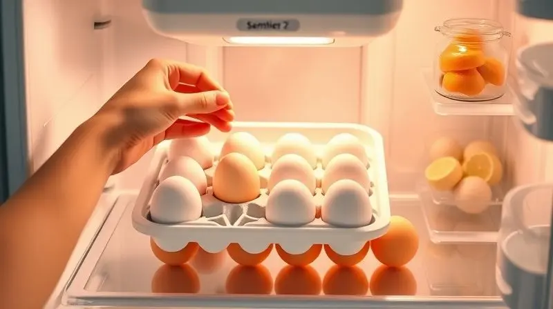 Pessoa organizando ovos em um porta-ovos dentro da geladeira, demonstrando as vantagens de manter os ovos protegidos e o espaço otimizado.
